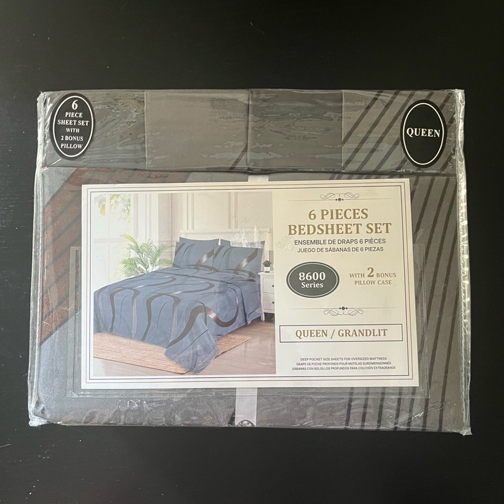 NEW 6-Piece Bed Sheet Set Queen - Gray/Black Brown